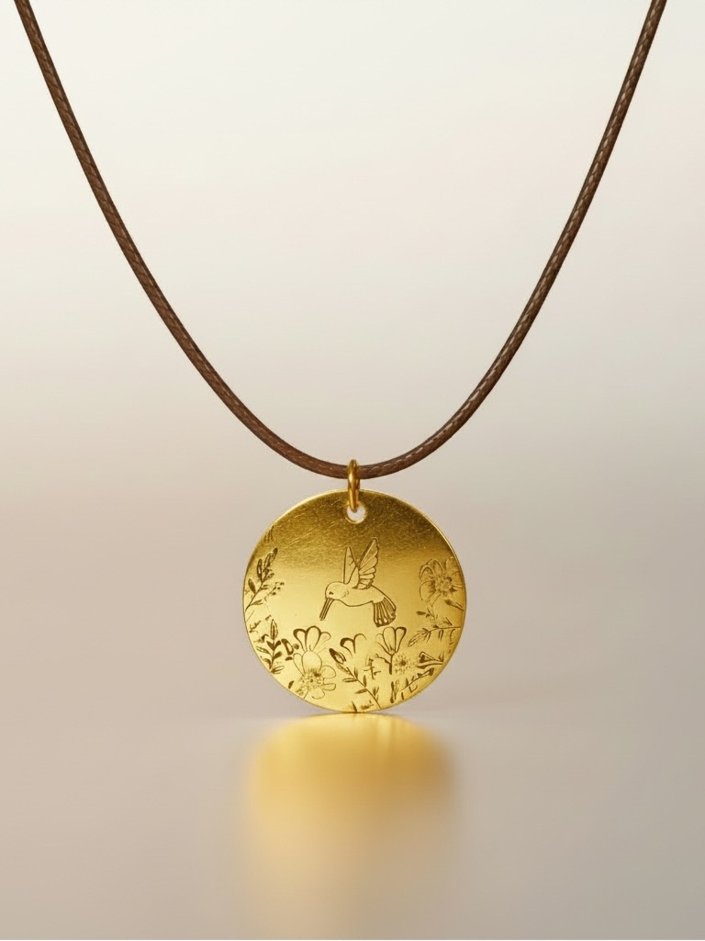 Handmade Hummingbird gold brass Pendant brown cord Necklace - Women's Jewelry